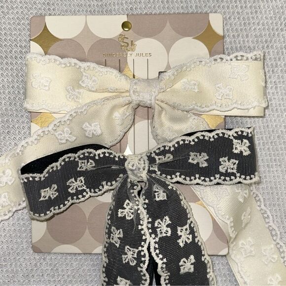 SJ Ivory White Black Ivory Satin Floral Lace Bow Tie Clips Set of 2 - Picture 3 of 5